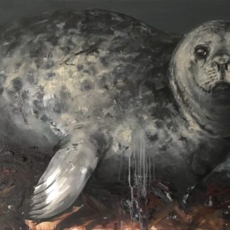 A contemporary oil painting on canvas, showing a portrait of an Irish seal: the beauty of animal nature, wild and not yet fully tamed, unpredictable. The large size of the canvas creates an interesting effect, the animal fills it to the edges, thus marking its undeniable existence.